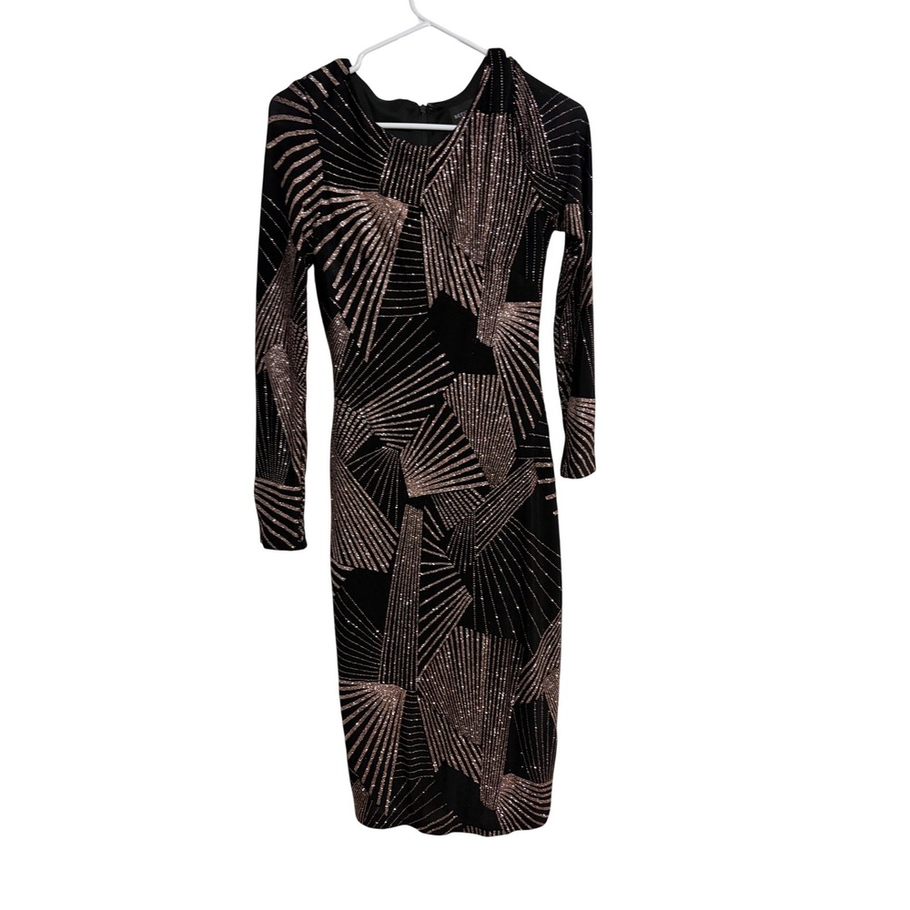 Betsy & Adam Sheath Dress Art Deco‎ Black Rose Gold Glitter Geometric NWT Size 4